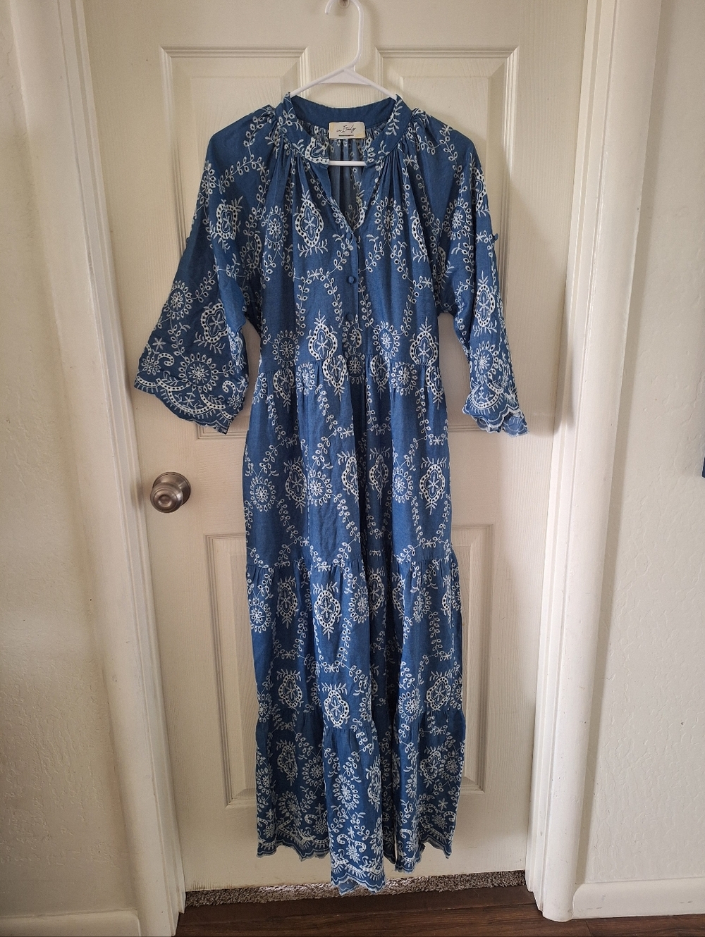 Maxi Dress with White Floral Embroidery